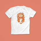 Knowledge Is Power T-shirt with hand-drawn illustration of a raised hand holding a book in rust-orange, surrounded by flowers and bold text