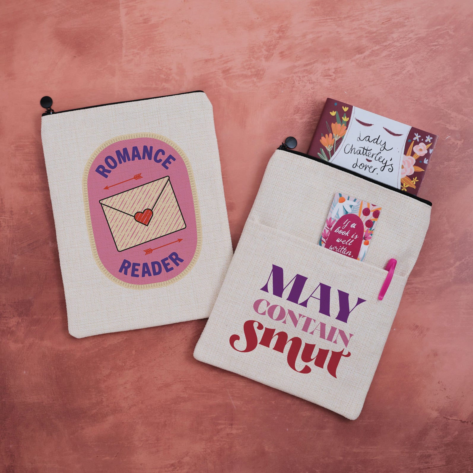 Double-sided book sleeve featuring “Romance Reader” on one side and “May Contain Smut” on the other.