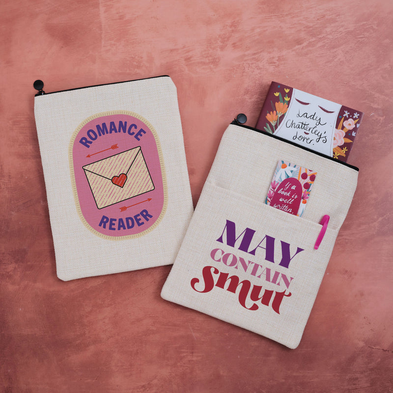 Double-sided book sleeve featuring “Romance Reader” on one side and “May Contain Smut” on the other.