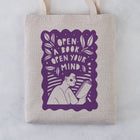 Open a book, open your mind literary tote bag. Bookish graphic, Gifts for book lovers, bookworms, readers and bibliophiles. Bookish tote bag. High quality tote bag. Booktok. Bookstagram. Novel inspired accessories. Bookishly. Book bag. Canvas bag.