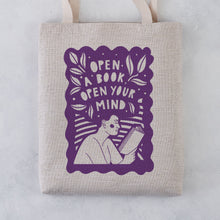 Open a book, open your mind literary tote bag. Bookish graphic, Gifts for book lovers, bookworms, readers and bibliophiles. Bookish tote bag. High quality tote bag. Booktok. Bookstagram. Novel inspired accessories. Bookishly. Book bag. Canvas bag.
