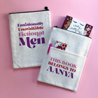Personalised book sleeve featuring “Emotionally Unavailable Fictional Men” design on one side and “This Book Belongs To Aanya” on the other, styled on a pink background with Lady Chatterley’s Lover.