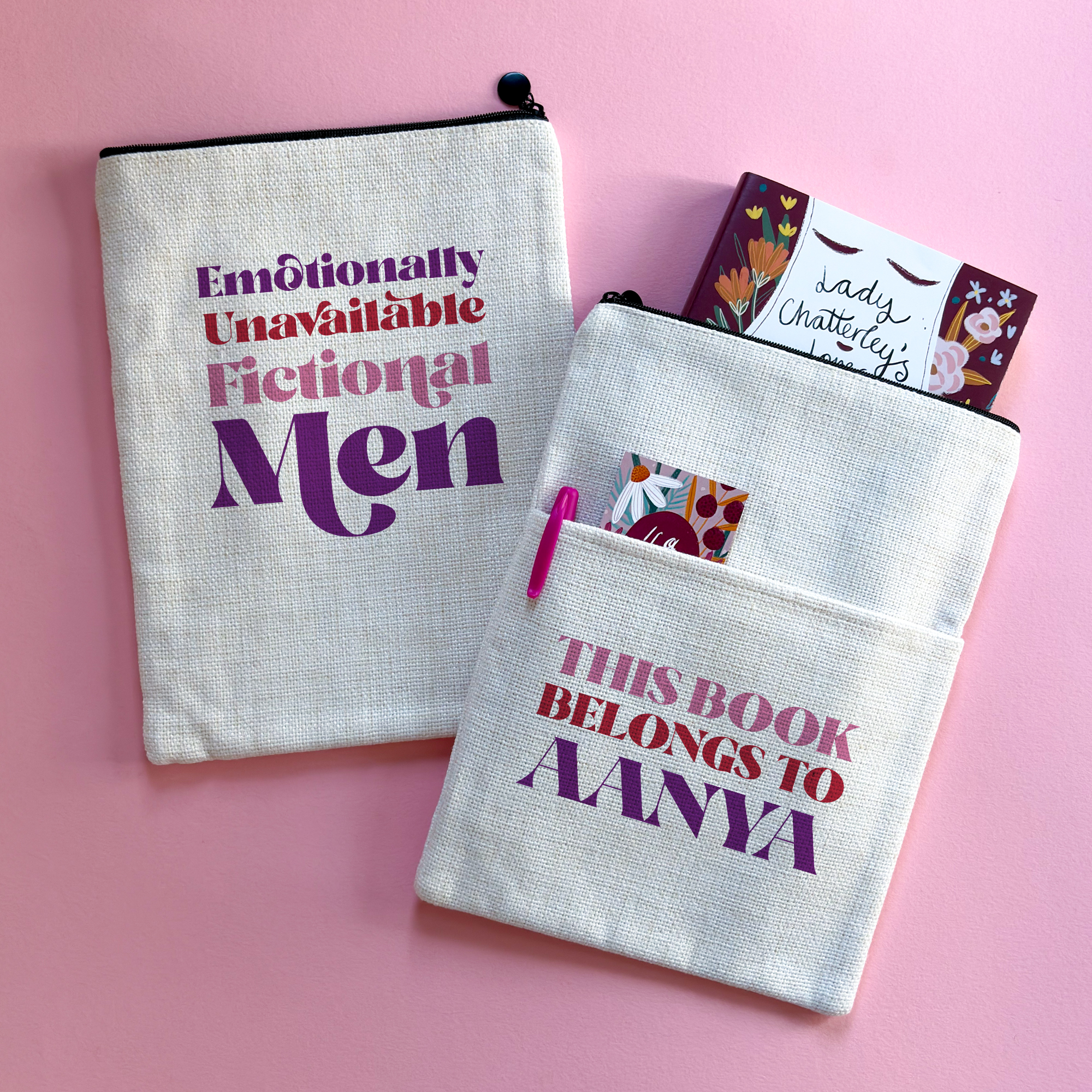 Personalised book sleeve featuring “Emotionally Unavailable Fictional Men” design on one side and “This Book Belongs To Aanya” on the other, styled on a pink background with Lady Chatterley’s Lover.