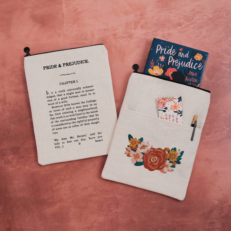 A zip topped book sleeve featuring a floral design on the front and Chapter One from Pride & Prejudice on the other.