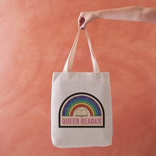 Queer Reader Tote Bag – Rainbow Bookish Merit Patch Design