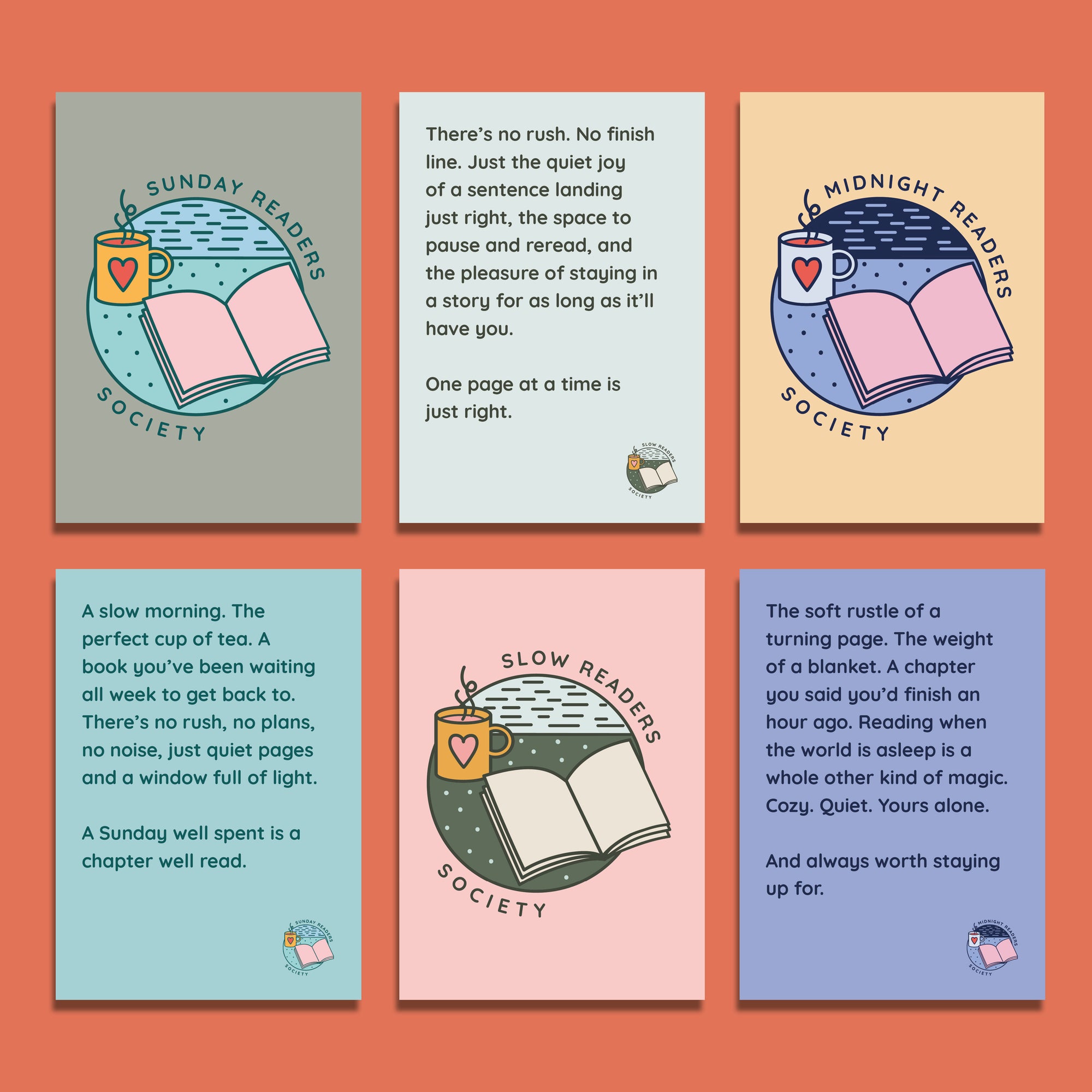 Set of six Readers Society postcards with illustrations of books, mugs, and cosy reading designs labelled Sunday Readers, Slow Readers, and Midnight Readers.