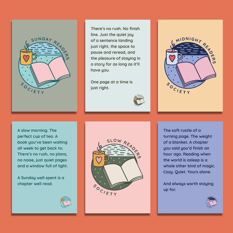Set of six Readers Society postcards with illustrations of books, mugs, and cosy reading designs labelled Sunday Readers, Slow Readers, and Midnight Readers.