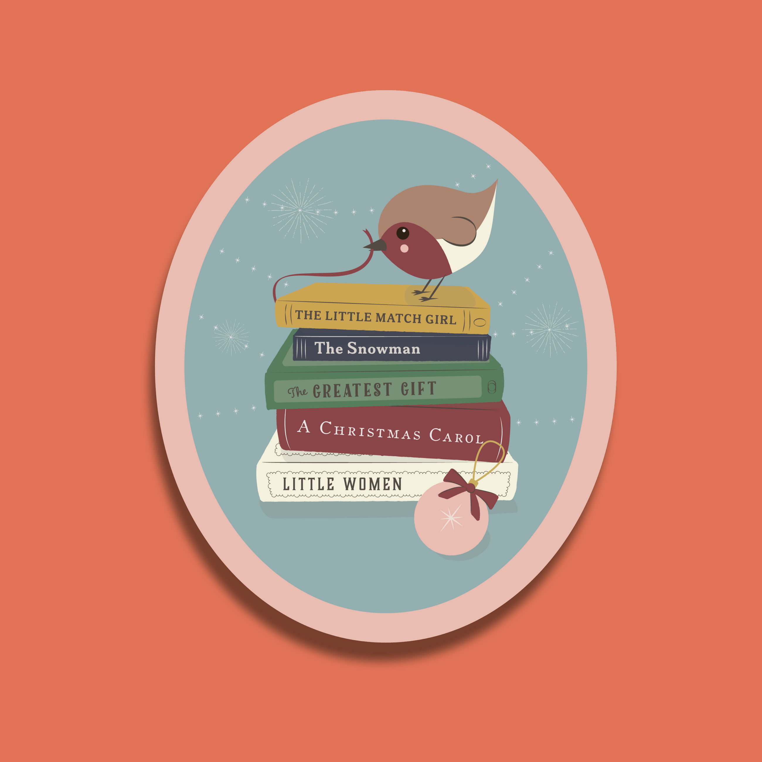 Illustrated sticker of a robin on a stack of classic Christmas books with a bauble and winter background.