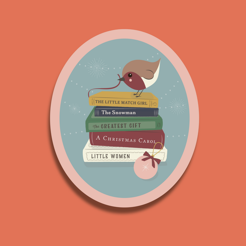 Illustrated sticker of a robin on a stack of classic Christmas books with a bauble and winter background.