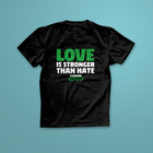 Black t-shirt with 'Love is Stronger Than Hate' text on a blue background