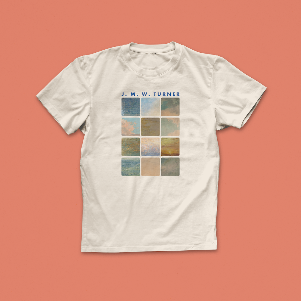 J.M.W. Turner art T-shirt with a grid of abstracted landscape and seascape tiles in soft tones, printed on a white shirt