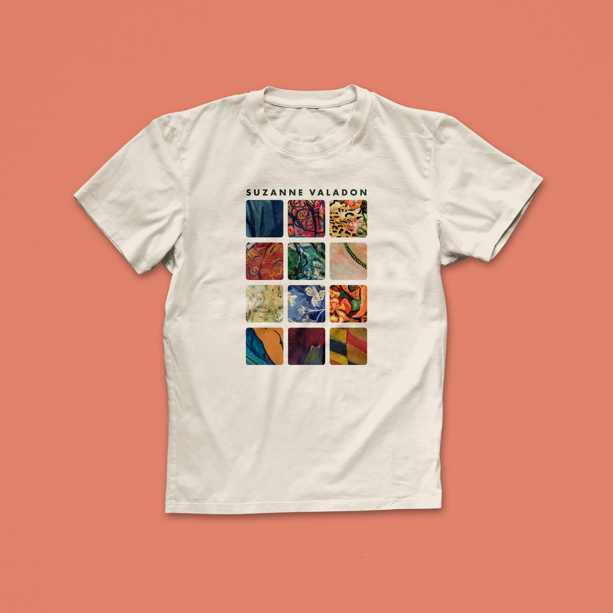 Suzanne Valadon artist T-shirt featuring a grid of colourful abstract tiles from her paintings, printed on a white shirt