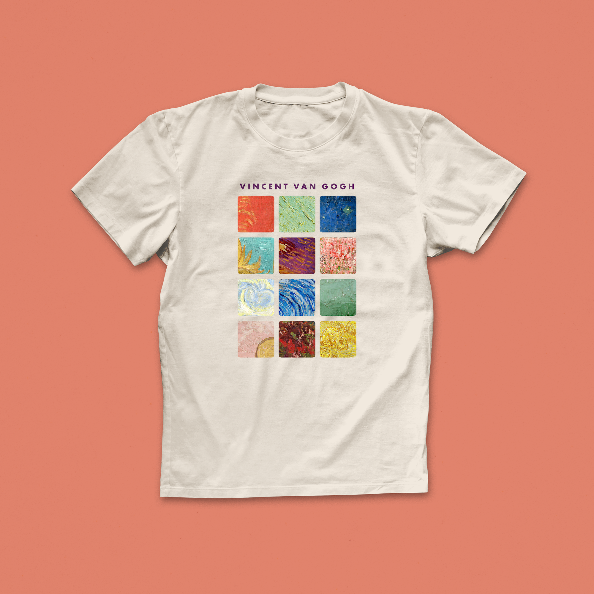 Vincent Van Gogh art T-shirt with a grid of twelve colourful abstract brushwork tiles, printed on a white shirt