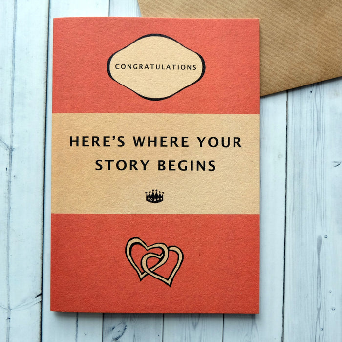 Wedding Card "Here's Where Your Story Begins" Orange Book Cover Card