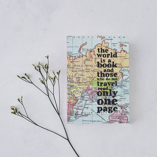 Travel journal. Travel diary. 'The world is a book and those who do not travel read only one page'  Bookishly. Leaving present. Leaving gift. Travelers notebook. Gifts for people who travel. Vintage world map design. 