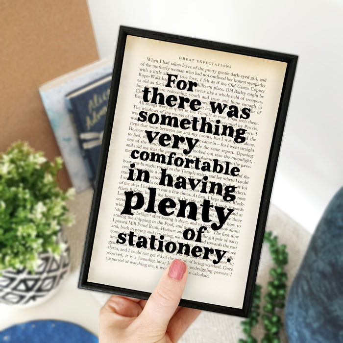 Great Expectations by Charles Dickens Book Page Print by Bookishly. 'For there was something very comfortable in having plenty of stationery.' Classic Literature quote. Stationery addict. Perfect for book lovers, bookworms, bibliophiles and readers.