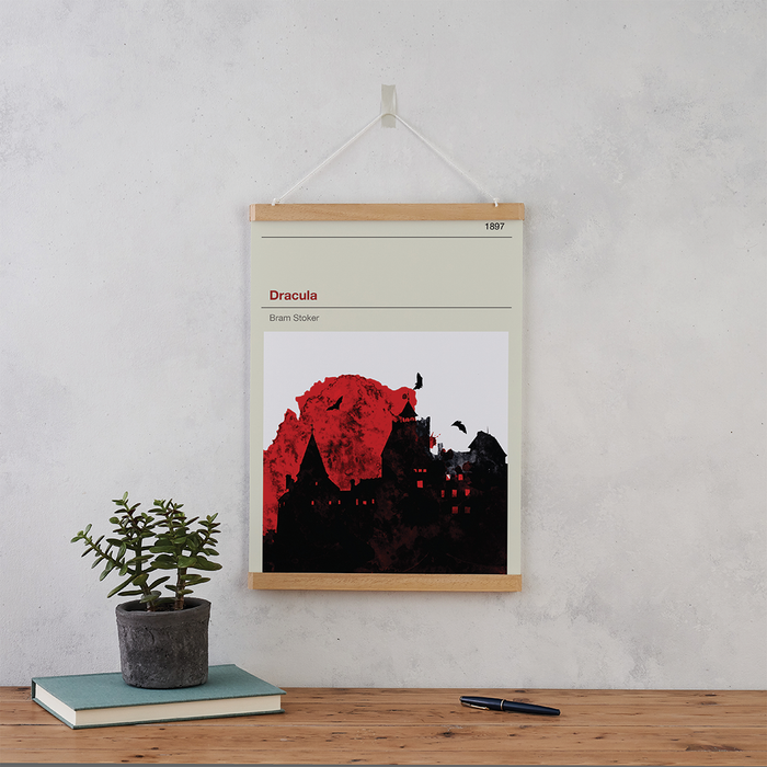 Dracula exclusive Bookishly cover print illustration in collaboration with Law and Moore design. Wooden frame hanging.