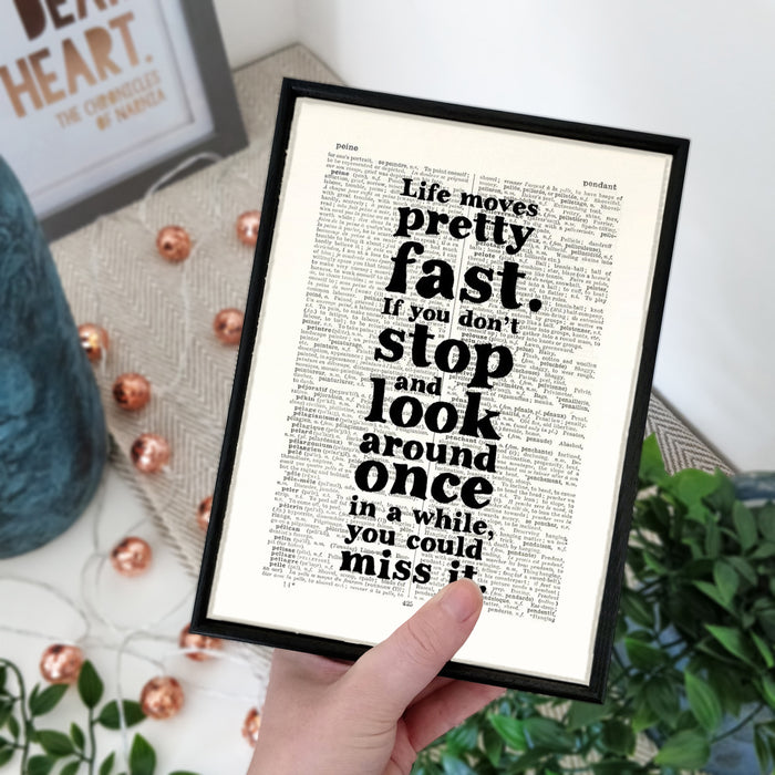 Ferris Bueller "Life Moves Pretty Fast" Inspirational Quote - Framed Book Page Art