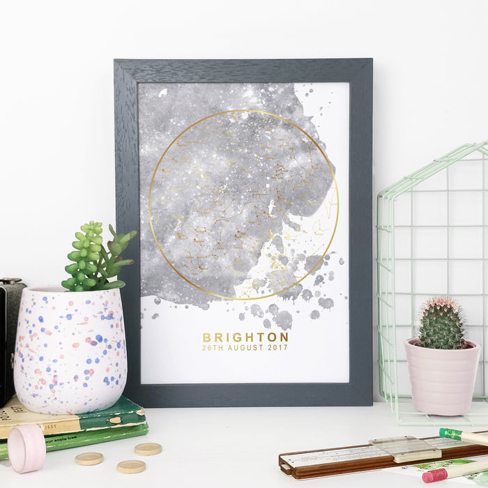 Personalised Grey Blot and Rose Gold Foil Star Map Unique Gift Idea Bookishly