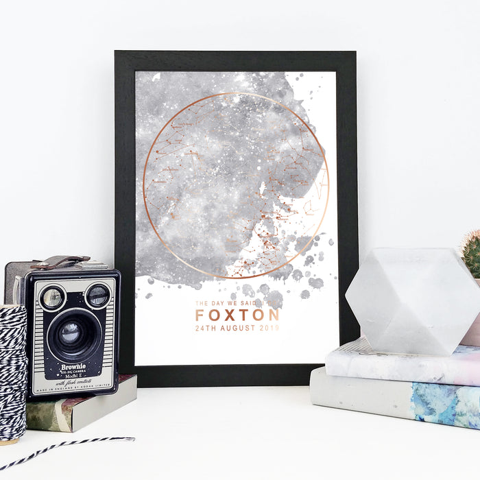 Personalised Map of the Stars Print - Grey Blot and Rose Gold