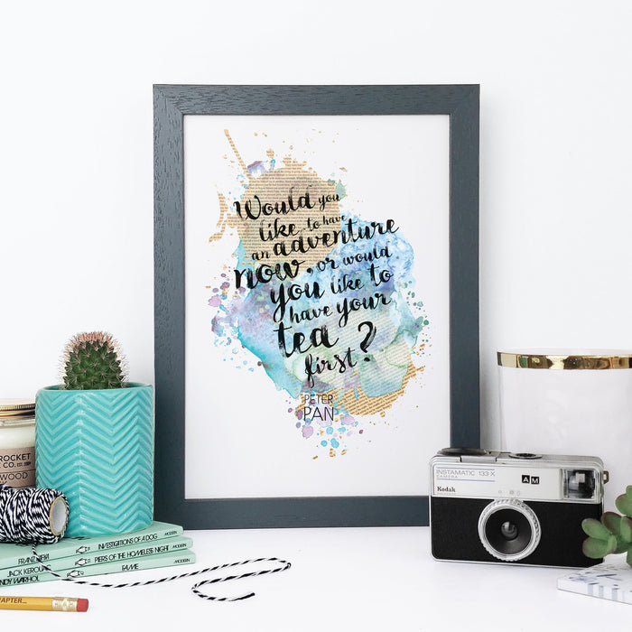 "Would you like to have an adventure now, or would you like to have your tea first?" Peter Pan Quote Watercolour Framed Print
