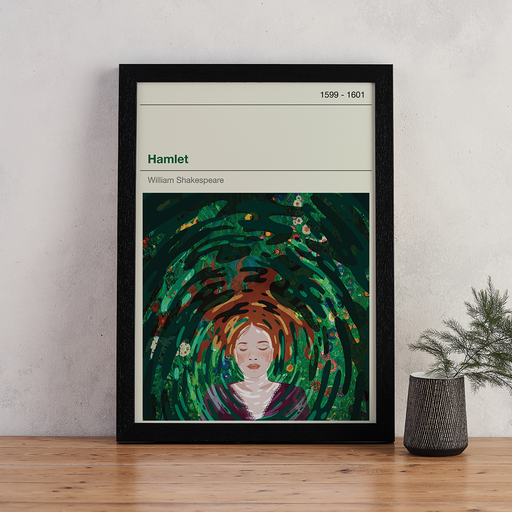 Hamlet's exclusive Bookishly cover print illustration in collaboration with Law and Moore design. Black Frame.