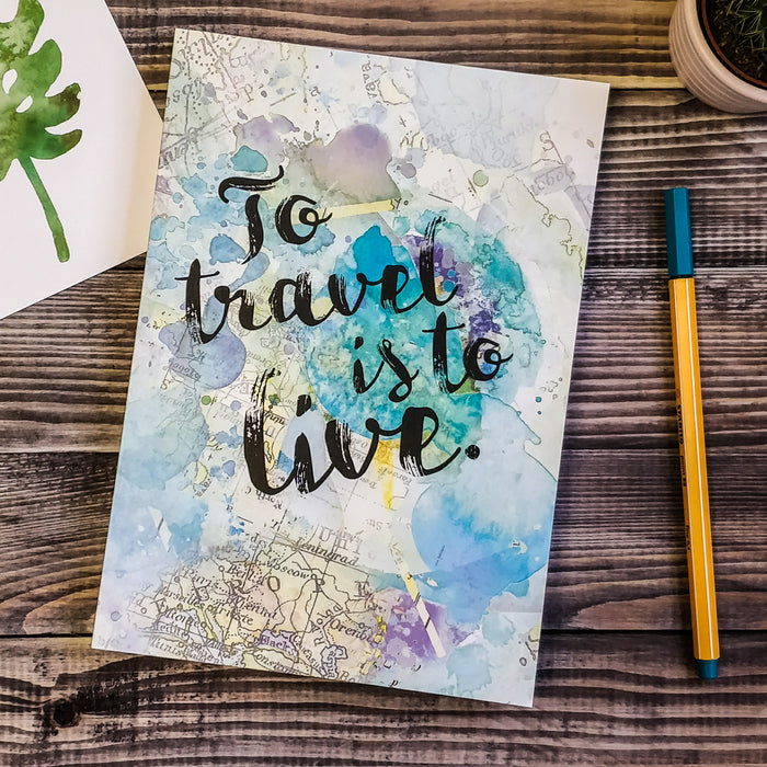 Travel journal. Travel diary. 'To travel is to live.' Bookishly. Leaving present. Leaving gift. Travelers notebook. Gifts for people who travel. Vintage world map design.