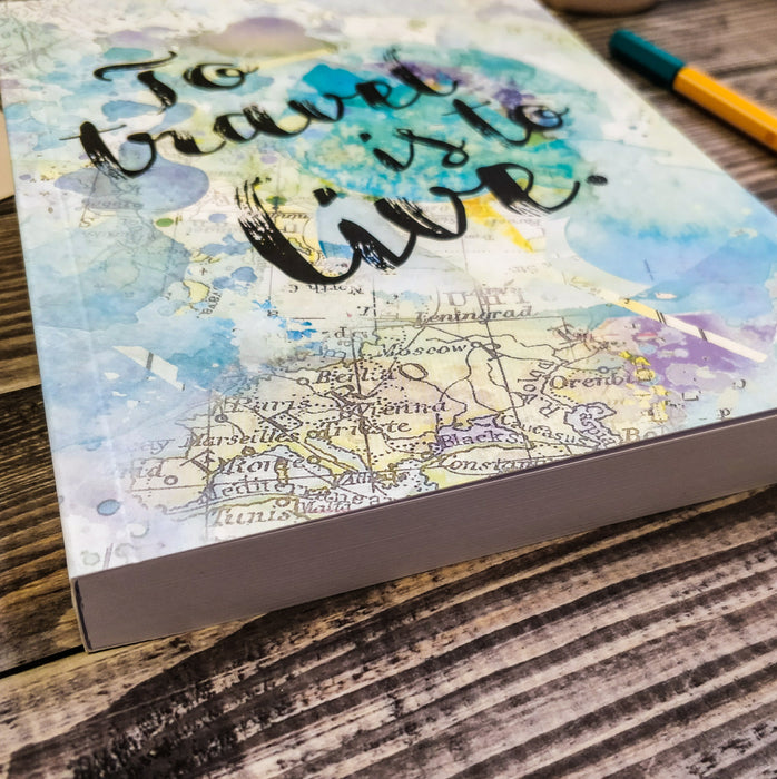 Travel journal. Travel diary. 'To travel is to live.' Bookishly. Leaving present. Leaving gift. Travelers notebook. Gifts for people who travel. Vintage world map design.