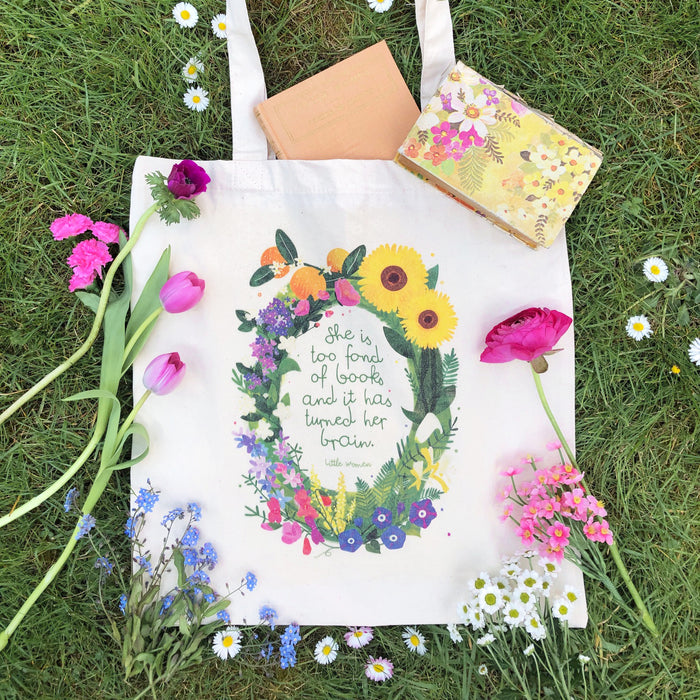 She is too fond of books and it turned her brain. Little Women Quote. Funny book quote. Owning lots of books. Overflowing shelves. Bookishly tote bag. Inspired by Booktok and Bookstagram. The bookish era edit. Perfect for book lovers, bookworms, readers and bibliophiles.