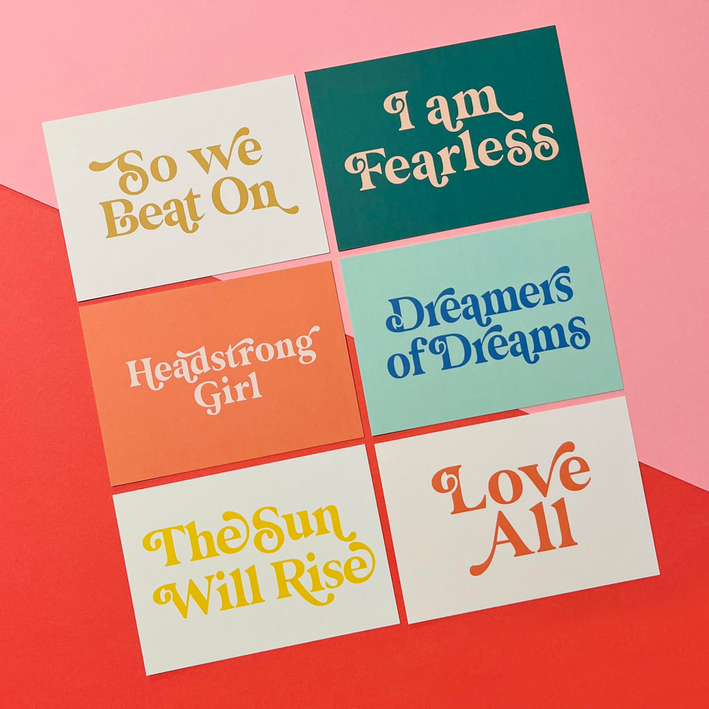 Postcards with a bold retro bookish print. Positive quotes. Encouraging Quotes. Bookish Gifts.