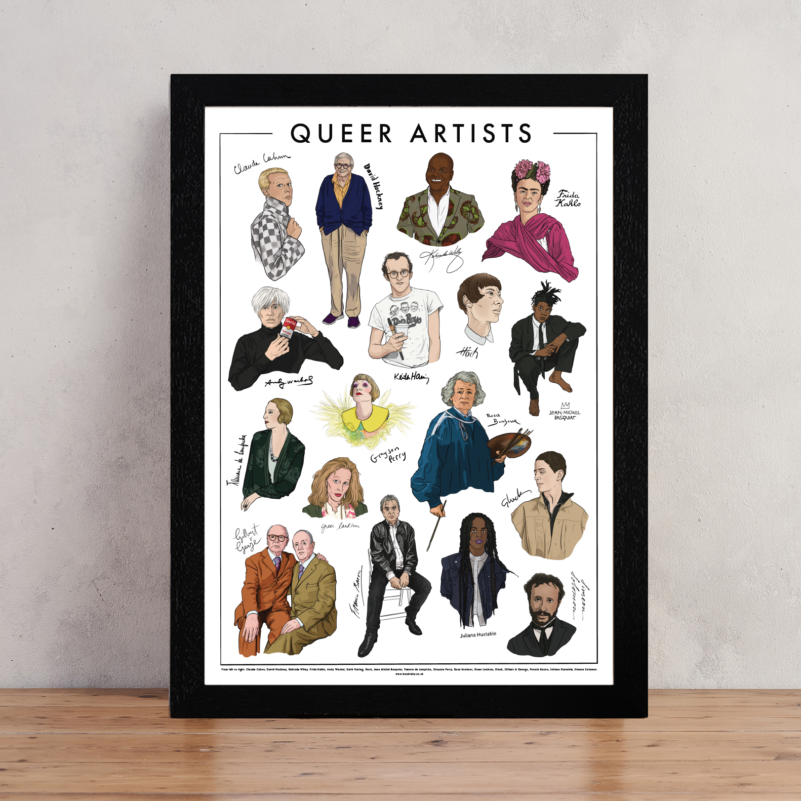 Queer Artists Poster. LGBTQ. Queer Community. Tamara De Lempick, Simeon Solomon, Rosa Bonheur, Keith Haring, Kehinde Wiley, Juliana Huxtable, Jean-Michel Basquiat, Hannah Hoch, Greer Lankton, Grayson Perry, Gluck, Gilbert and George, Frida Kahlo, Francis Bacon, David Hockney, Claude Cahun, Andy Warhol.