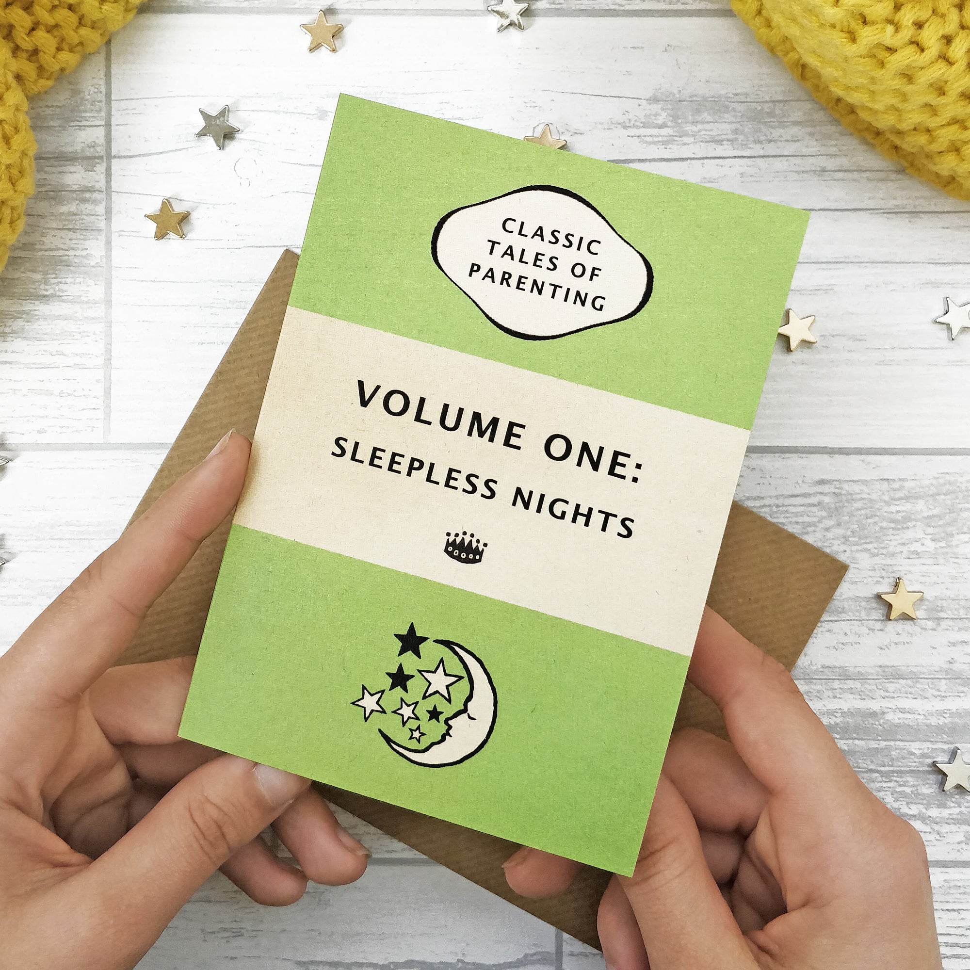 New Baby Card "Volume One: Sleepless Nights" - Green Book Cover Design