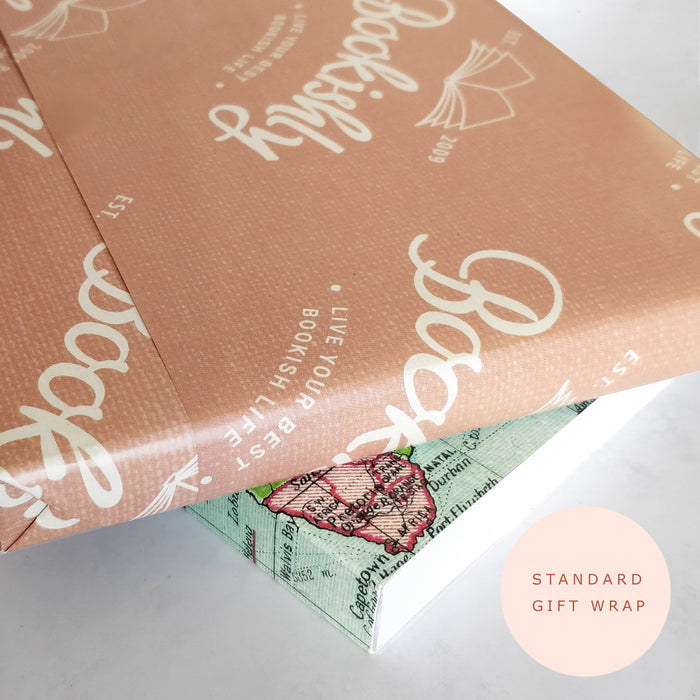 Standard gift wrap with Bookishly logo on terracotta background.