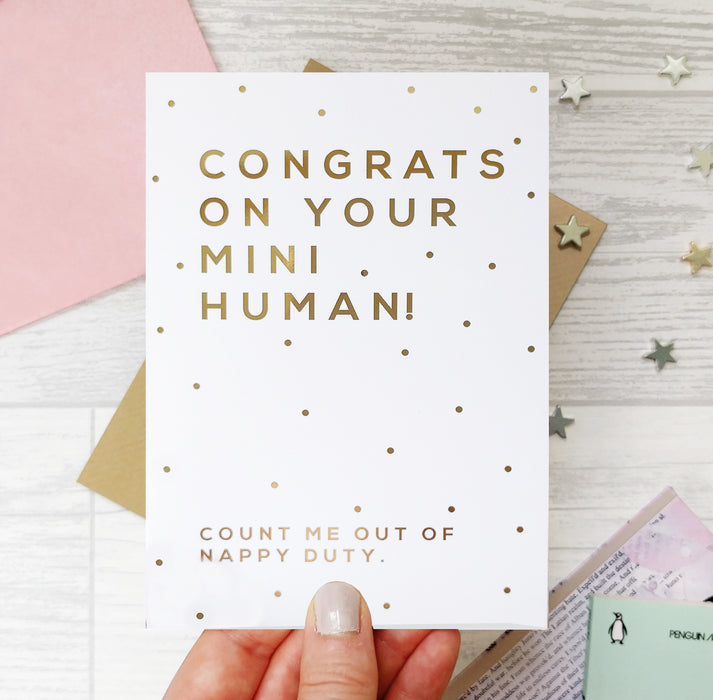 Gold Foil ‘Mini Human’ New Baby Congratulations Card