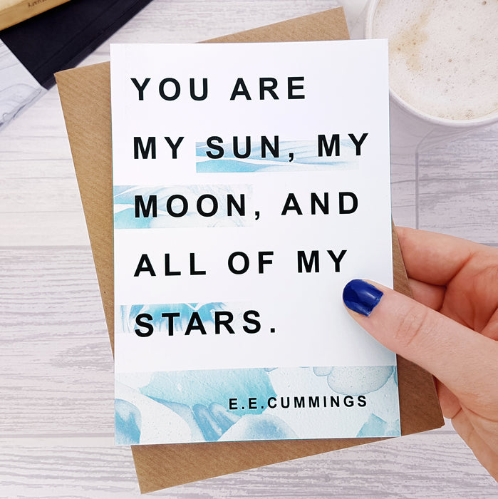 "You are my sun, my moon, and all of my stars." Anniversary Card for Book Lovers