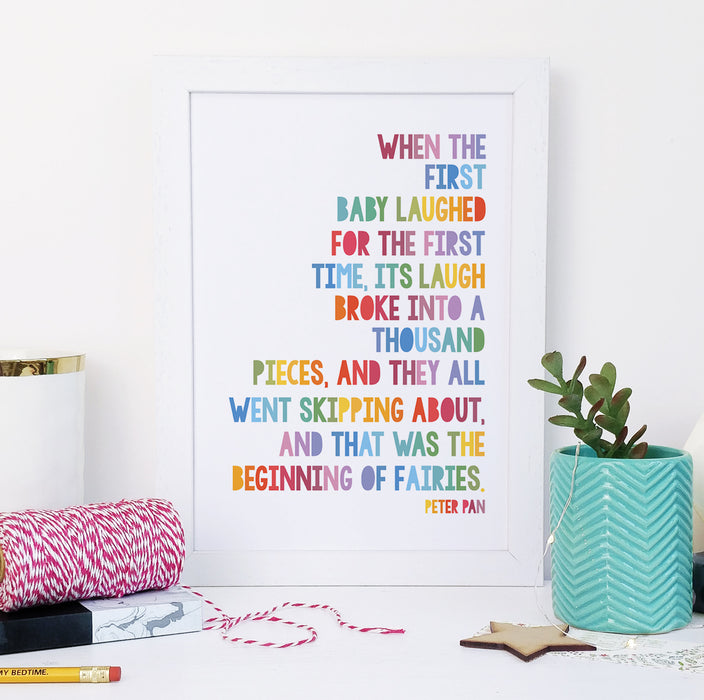 "... That Was The Beginning Of Fairies" Rainbow Framed Peter Pan Quote Print Bookishly