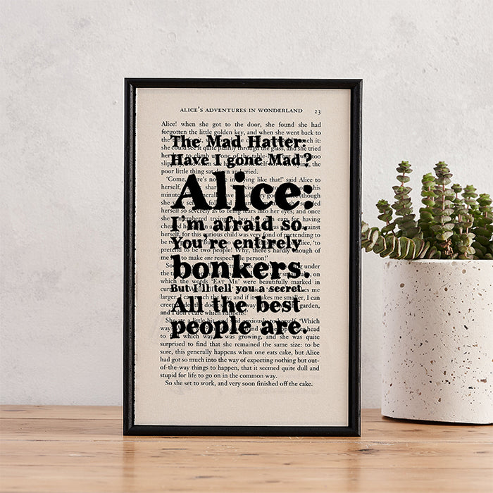 Alice in Wonderland Book Page Print. Art print. The Mad Hatter Gift. Bonkers. Home decor for readers. Perfect for book lovers, bookworms, bibliophiles and readers. Lewis Carroll.