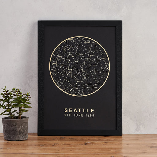 Bookishly. Black and gold foil star map print personalised night sky art. A unique wedding gift, newborn baby present, proposal or congratulations gift! Memorable moment gifts. Gift for them. Gift for couples. Gift for new parents.