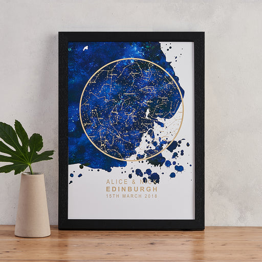 blue blot and gold foil star map print personalised night sky art bookishly