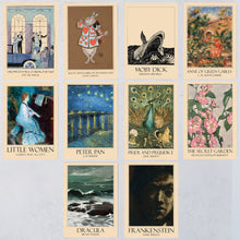 Literary Art postcard set inspired by Classic Literature novels. Including Pride and Prejudice, Anne of Green Gables, Alices Adventures in Wonderland, Little Women, Frankenstein, Dracula. 