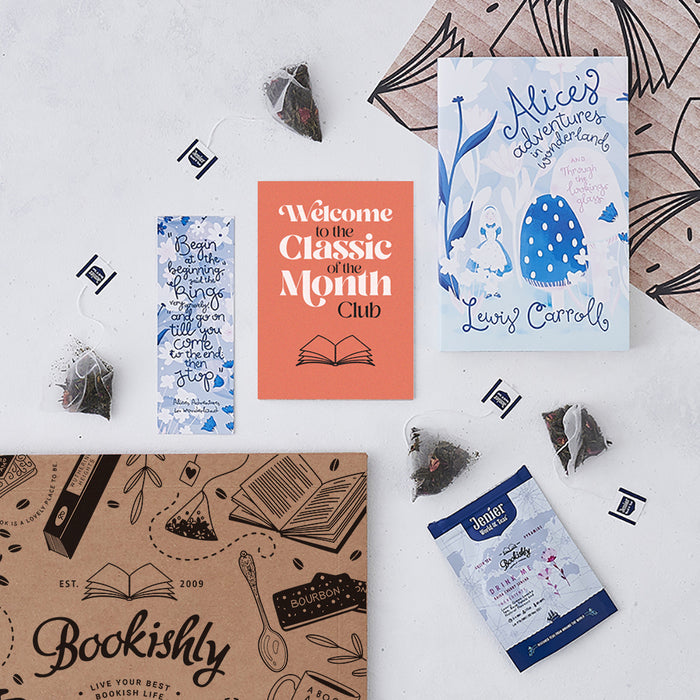 Classic of the Month. Book and Luxury Tea subscription. Classic Literature Book Subscription. Perfect gift for book lovers, bookworms, readers and bibliophiles. Classic novels. Bookishly. This example featuring Alice's adventures in Wonderland by Lewis Carroll.