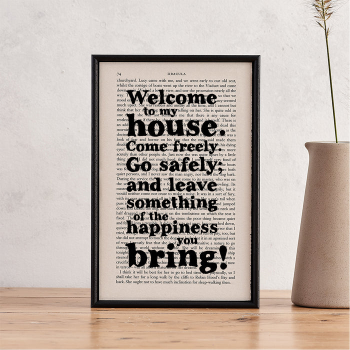 Welcome to our home print with quotes from bram stoker's dracula 'welcome to my house. come freely. go safely'. Book page art. Home decor for readers. Perfect for book lovers, bookworms, bibliophiles and readers.