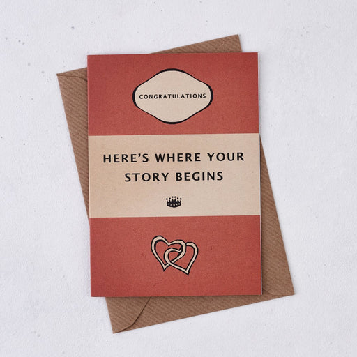 heres where your story begins book cover style wedding card