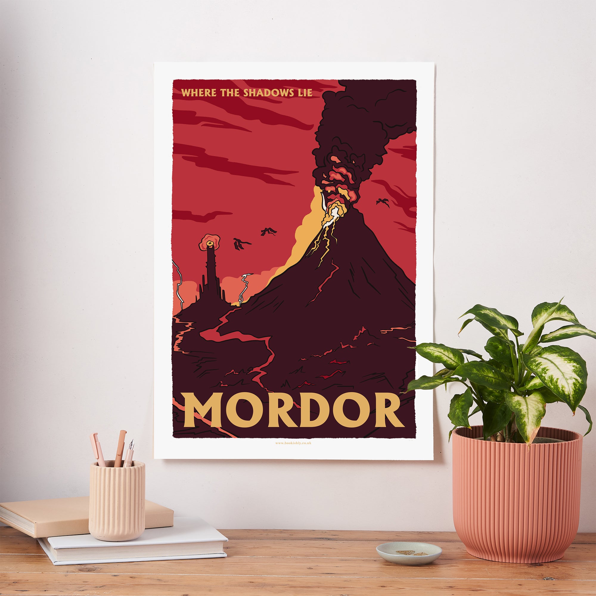 Mordor fictional travel poster art print inspired by The Lord of the Rings, featuring Mount Doom, Barad-dûr, and a red volcanic landscape in vintage style
