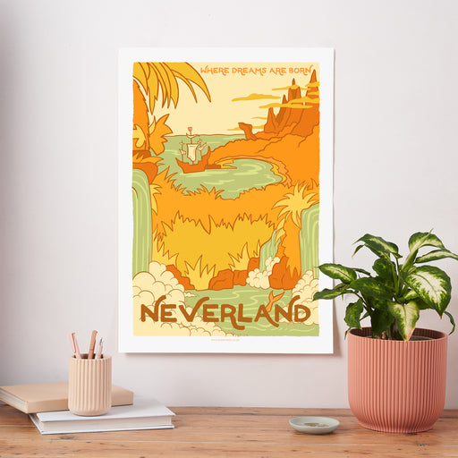 vintage style fictional neverland travel poster 