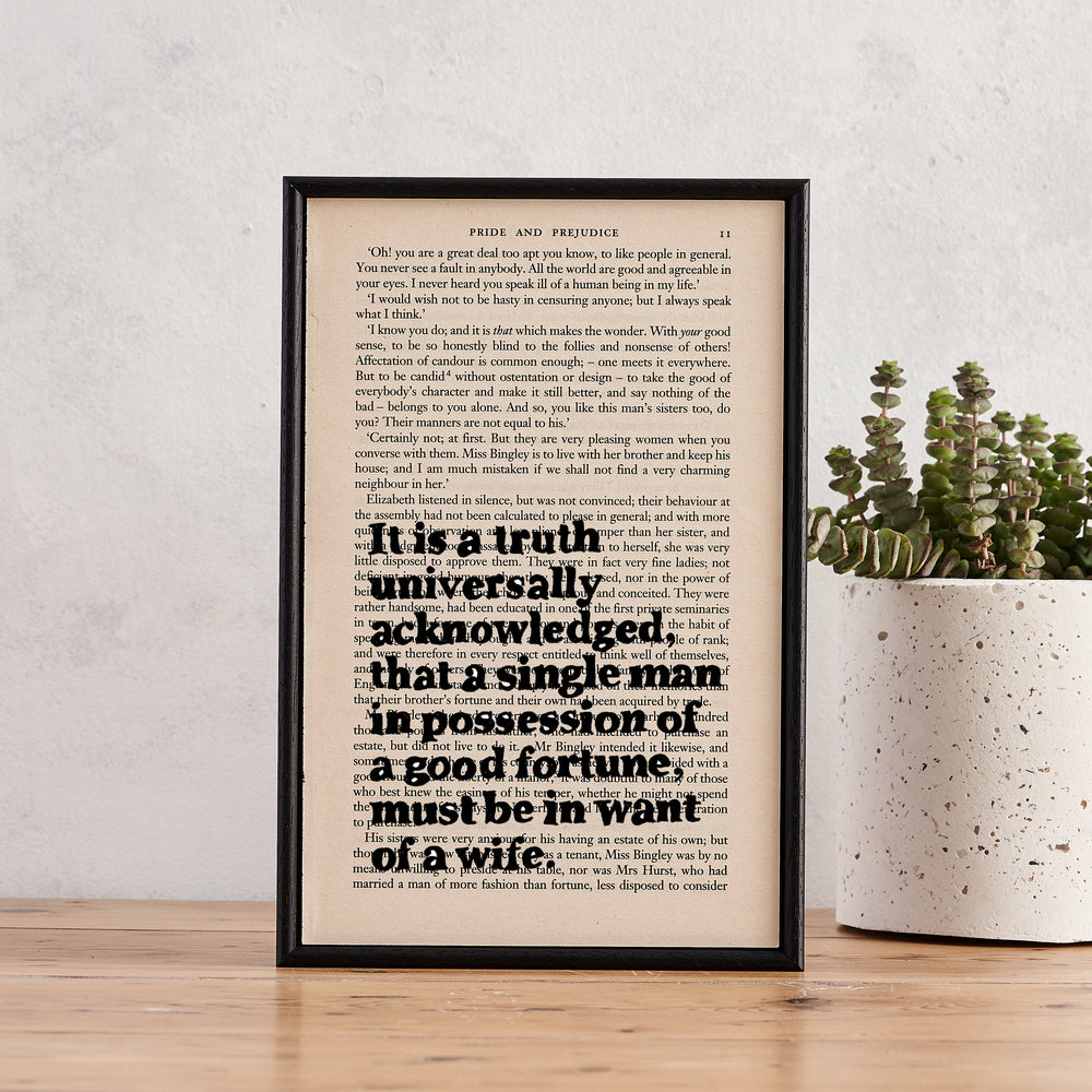 Pride And Prejudice "It Is A Truth Universally Acknowledged..." Quote - Framed Book Art Print