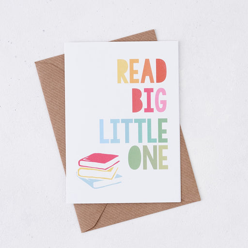 read big little one card rainbow design