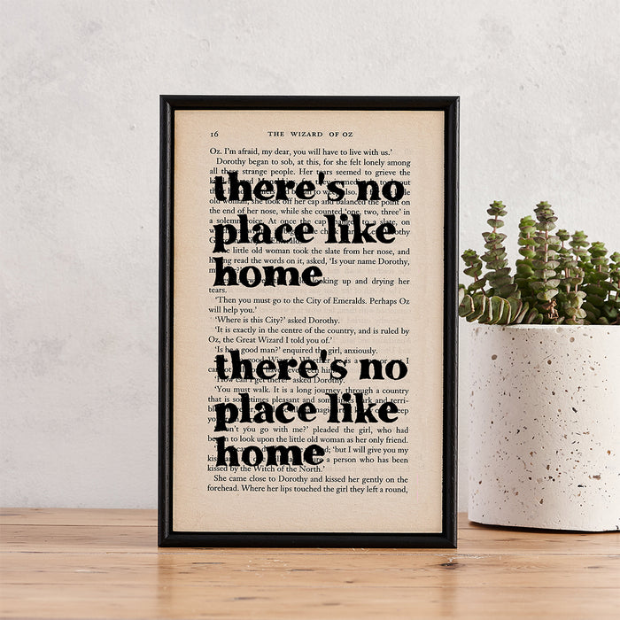 The Wizard of Oz movie quote. Theres no place like home. Literary Book Page Print. Perfect for book lovers, bookworms, bibliophiles and readers.