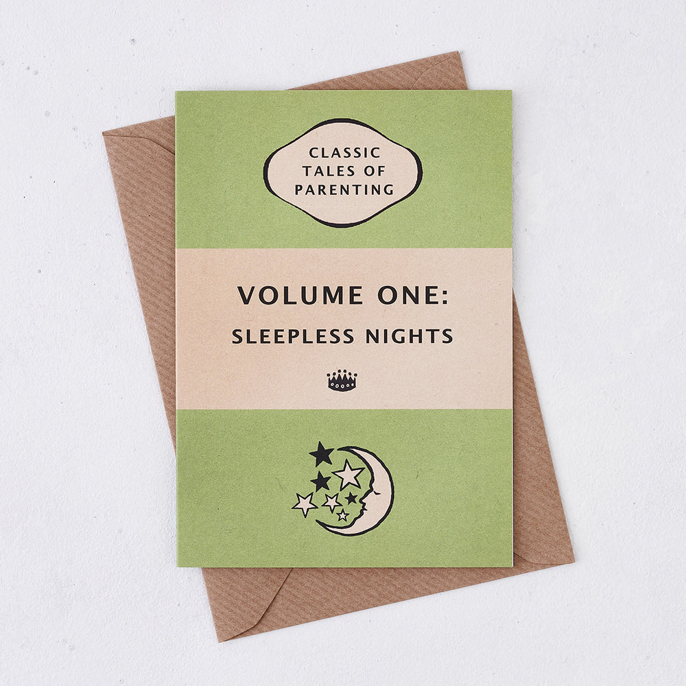 New Baby Card "Volume One: Sleepless Nights" - Green Book Cover Design