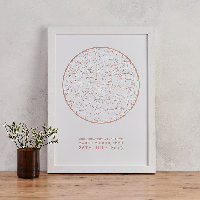 white and copper foil star map print personalised night sky art bookishly